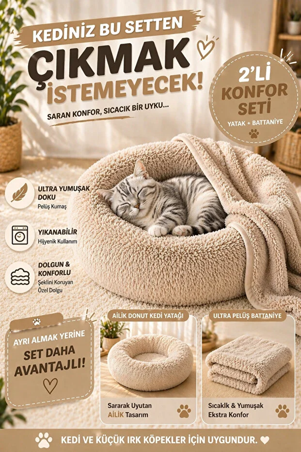 Donut Kedi Yatağı 2’li Set Battaniyeli Peluş Kedi Köpek Yatağı 50 60 70 cm